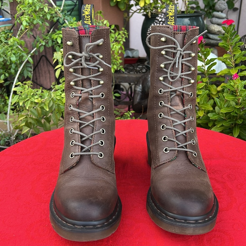 Dr. Martens Granny Style Plaid Lined Mid Calf Lace Up Heeled Brown Leather Boots - Picture 3 of 17